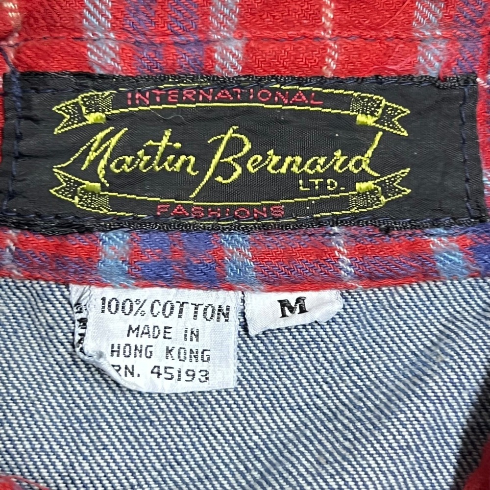 Vintage Martin Bernard Denim Shirt Jacket Mens Medium Blue Plaid Trim Cotton GUC - Picture 2 of 7